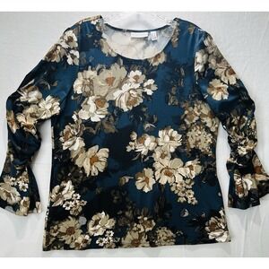 Susan Graver Soft Jersey Floral Size L Top Shirred Bell Sleeve Dark Blue and Tan